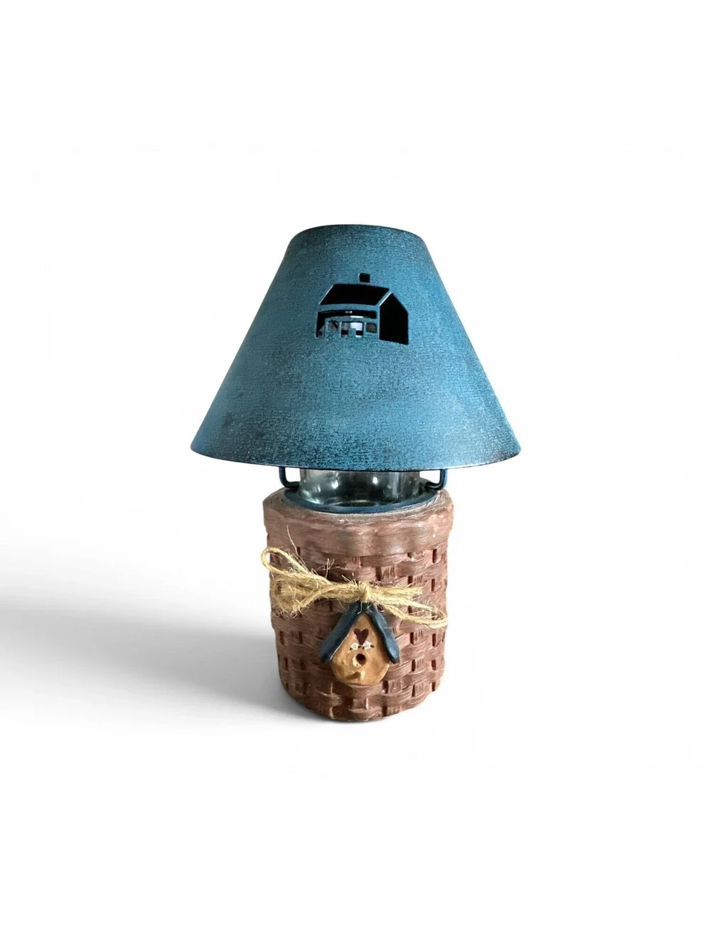 Rustic Birdhouse Tealight Candle Holder Farmhouse Basket Weave Blue Metal Roof